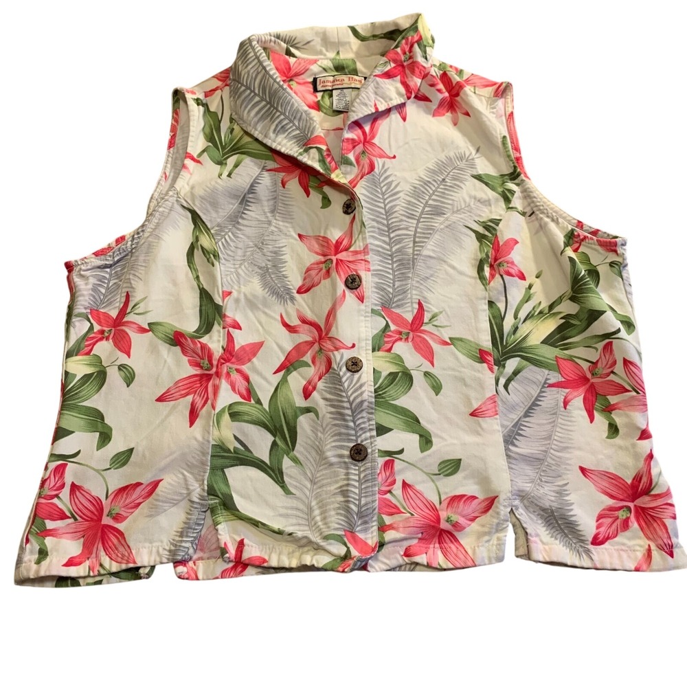 Jamaica Bay Womens XL Tropical Floral Rayon Sleeveless Button Up Camp Shirt Pink